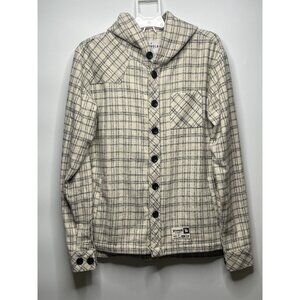 YoungLA Hooded Button Front Flannel Off-white Blue Plaid Pockets Men’s Size M